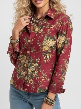 TravelSmith Vintage Red Floral Button Front Shirt Lightweight Denim Shirt Jacket